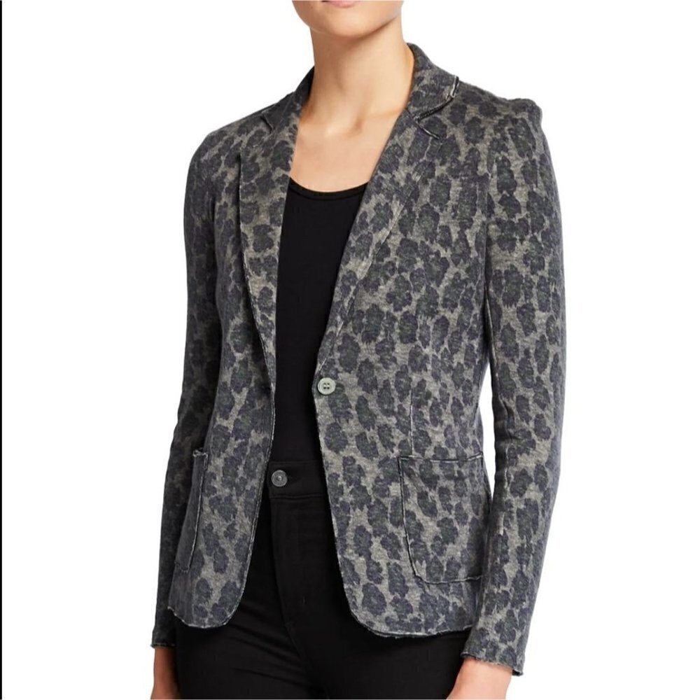 Majestic Filatures Cotton Cashmere Grey Leopard Print One Button Blazer Large